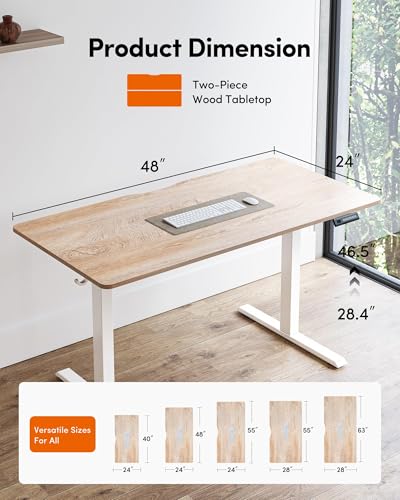 FEZIBO Electric Standing Desk (48×24 in) – Height Adjustable Sit-Stand Office Desk w/ Splice Board (Maple Top/White Frame)