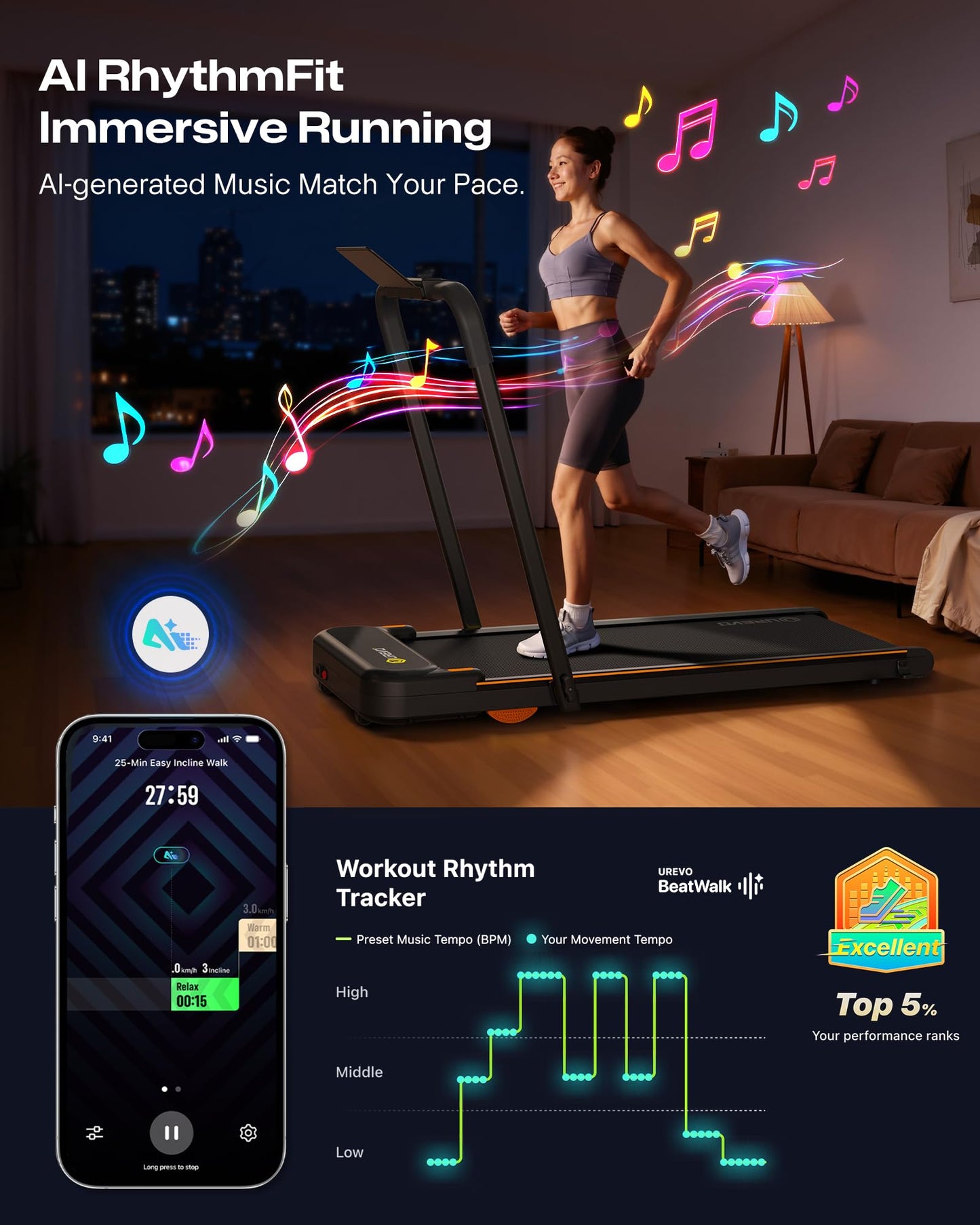 UREVO Strol 2E Folding 2-in-1 Treadmill & Walking Pad w/ App & Safety Handle for Home Office