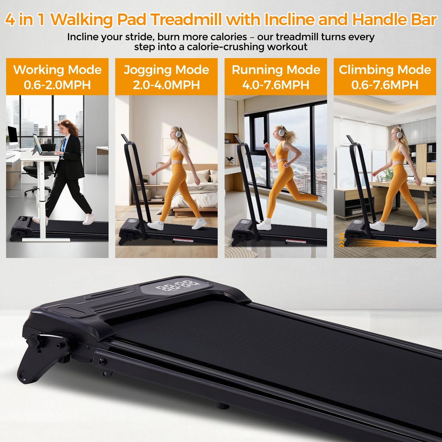 Folding Walking Pad Treadmill w/ Handle & Adjustable Incline – 3.5HP Portable Electric Treadmill for Home/Small Spaces (350 LBS Max)