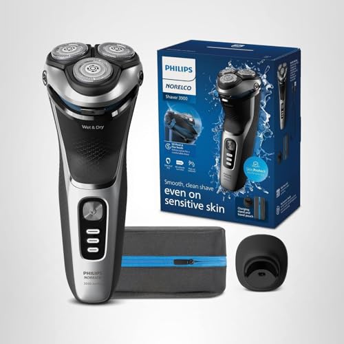 Philips Norelco Shaver 3900 Series, Wet and Dry Electric Shaver, P-Cap, Travel Pouch, Charging Stand, Storm Blue, Model S3341/92