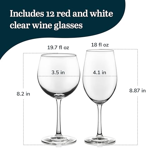 Libbey Vineyard Reserve Wine Glass Set of 12, Red and White Clear Wine Glasses, Merlot, Bordeaux, Chardonnay Gifts, Lead-Free Party Wine Glasses