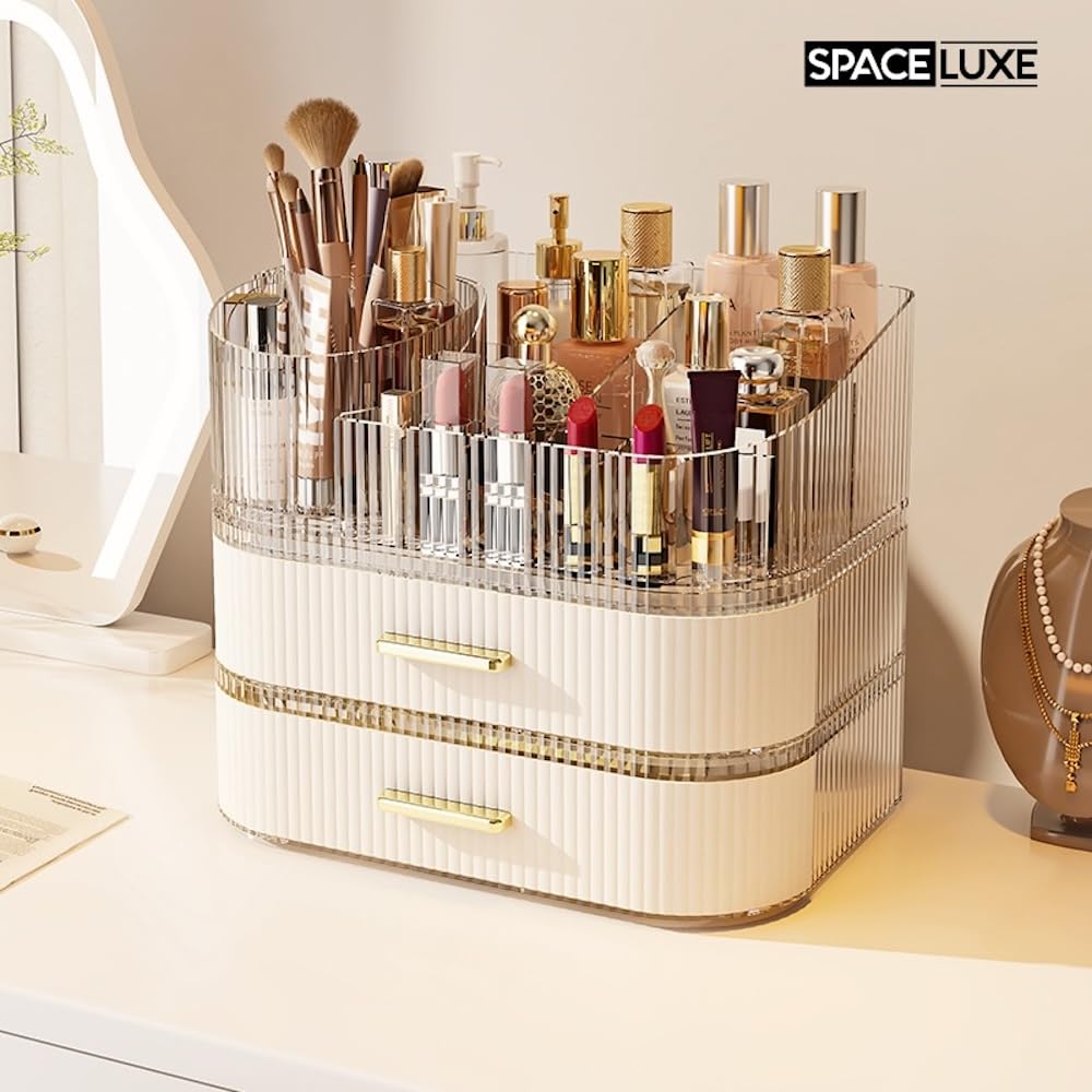 SpaceLuxe Makeup Organizer with Drawers and 360° Rotating Brush Holder, Large Capacity Cosmetic Storage for Vanity, Skincare, Perfume, Hair Accessories, Lipstick & Jewelry (Cream White, 3-layer)