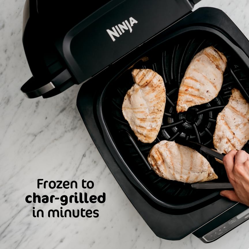 Ninja | Indoor Grill and Air Fryer| Foodi Smart XL | 6-in-1 Grill, Air Fry, Roast, Bake, Broil, Dehydrate & Crisp |Smart Thermometer & Splatter Shield | Dishwasher Safe Parts | Black/Silver | FG551
