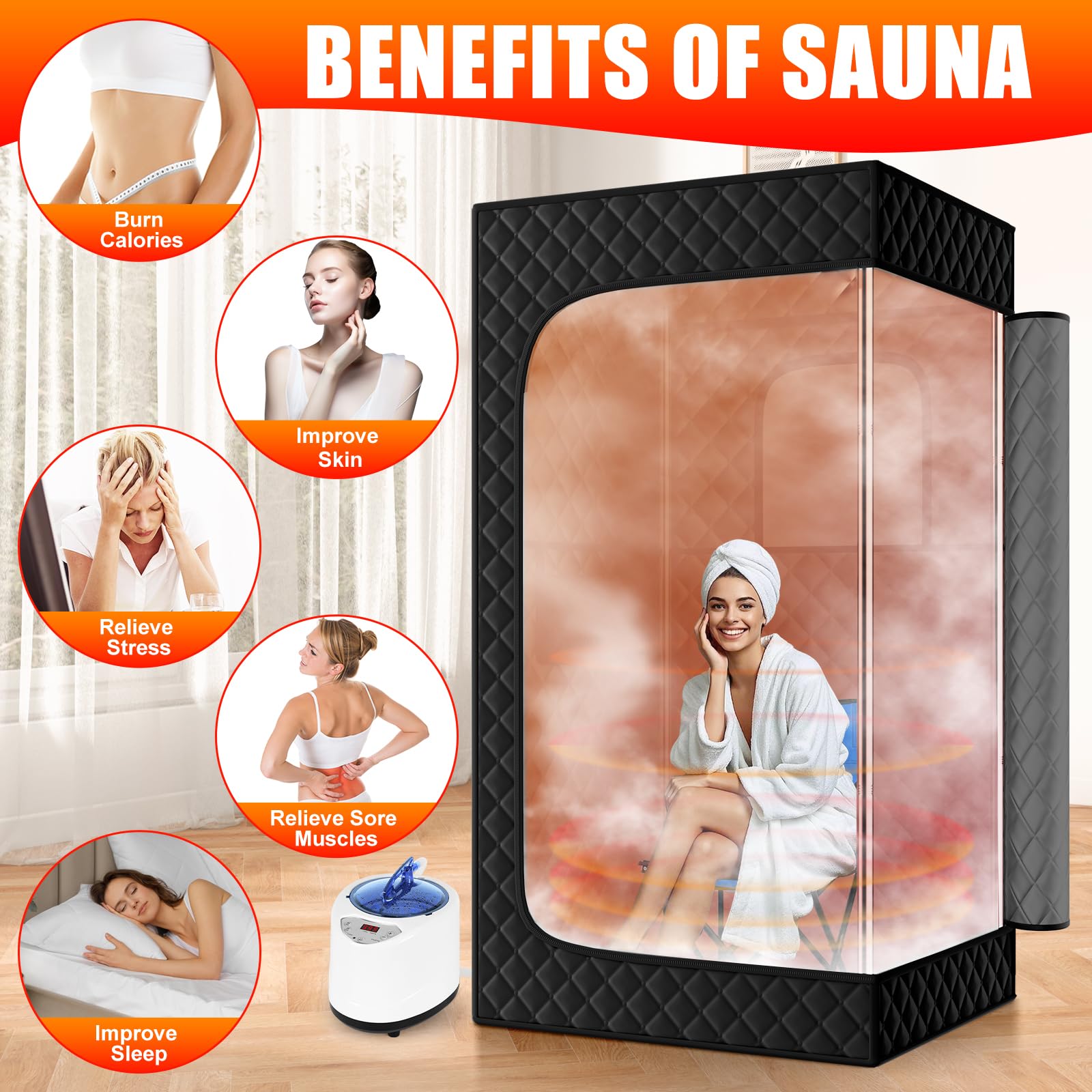 X-Vcak Upgraded Sauna Box for Relaxation, Detoxification, Portable Sauna for Home with Steamer, Remote Control, Folding Chair, 9 Levels, 2.6’ x 2.6’ x 5.9’
