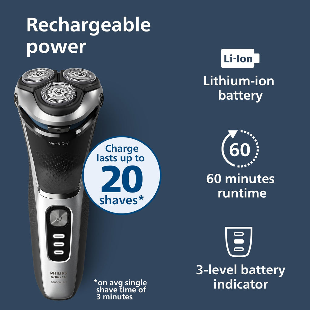 Philips Norelco Shaver 3900 Series, Wet and Dry Electric Shaver, P-Cap, Travel Pouch, Charging Stand, Storm Blue, Model S3341/92