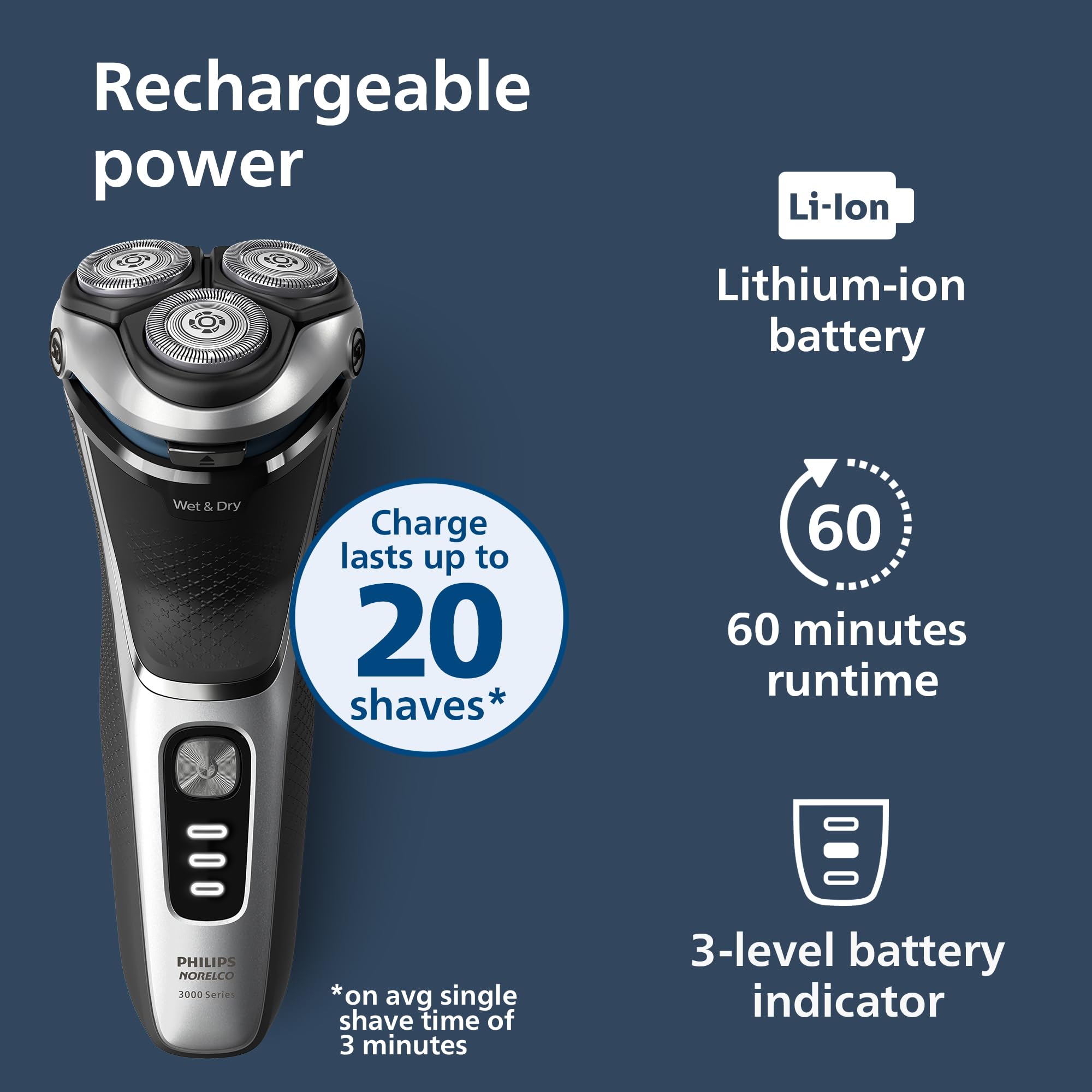 Philips Norelco Shaver 3900 Series, Wet and Dry Electric Shaver, P-Cap, Travel Pouch, Charging Stand, Storm Blue, Model S3341/92