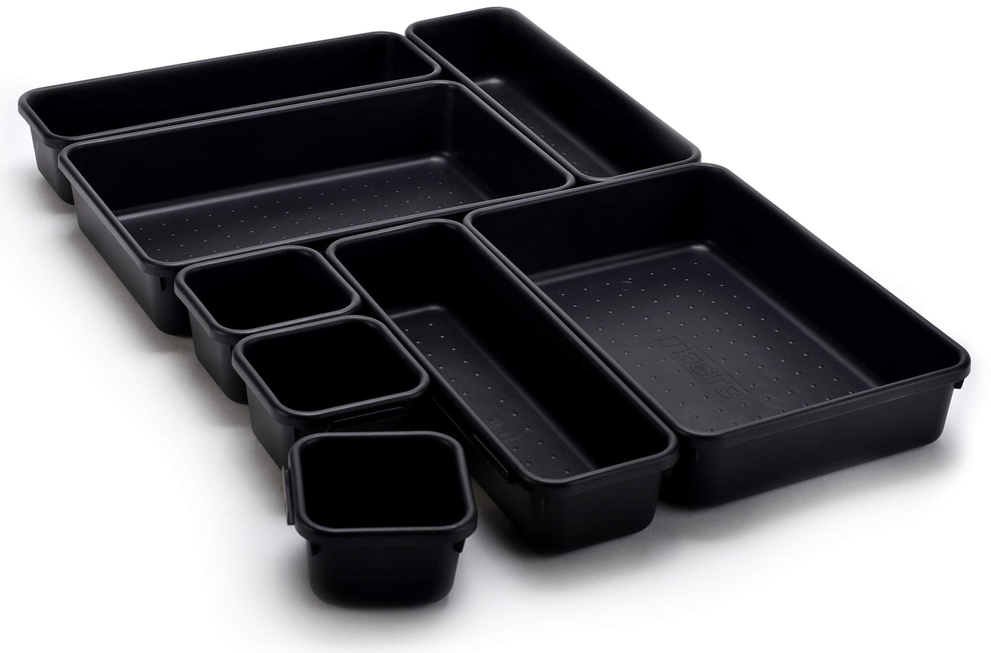 Masirs Interlocking Drawer Organizer Bins (8-Piece Set, Black) – Durable Plastic Trays for Custom Desk, Vanity & Tool Box Organization