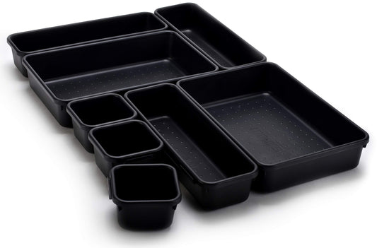 Masirs Interlocking Drawer Organizer Bins (8-Piece Set, Black) – Durable Plastic Trays for Custom Desk, Vanity & Tool Box Organization
