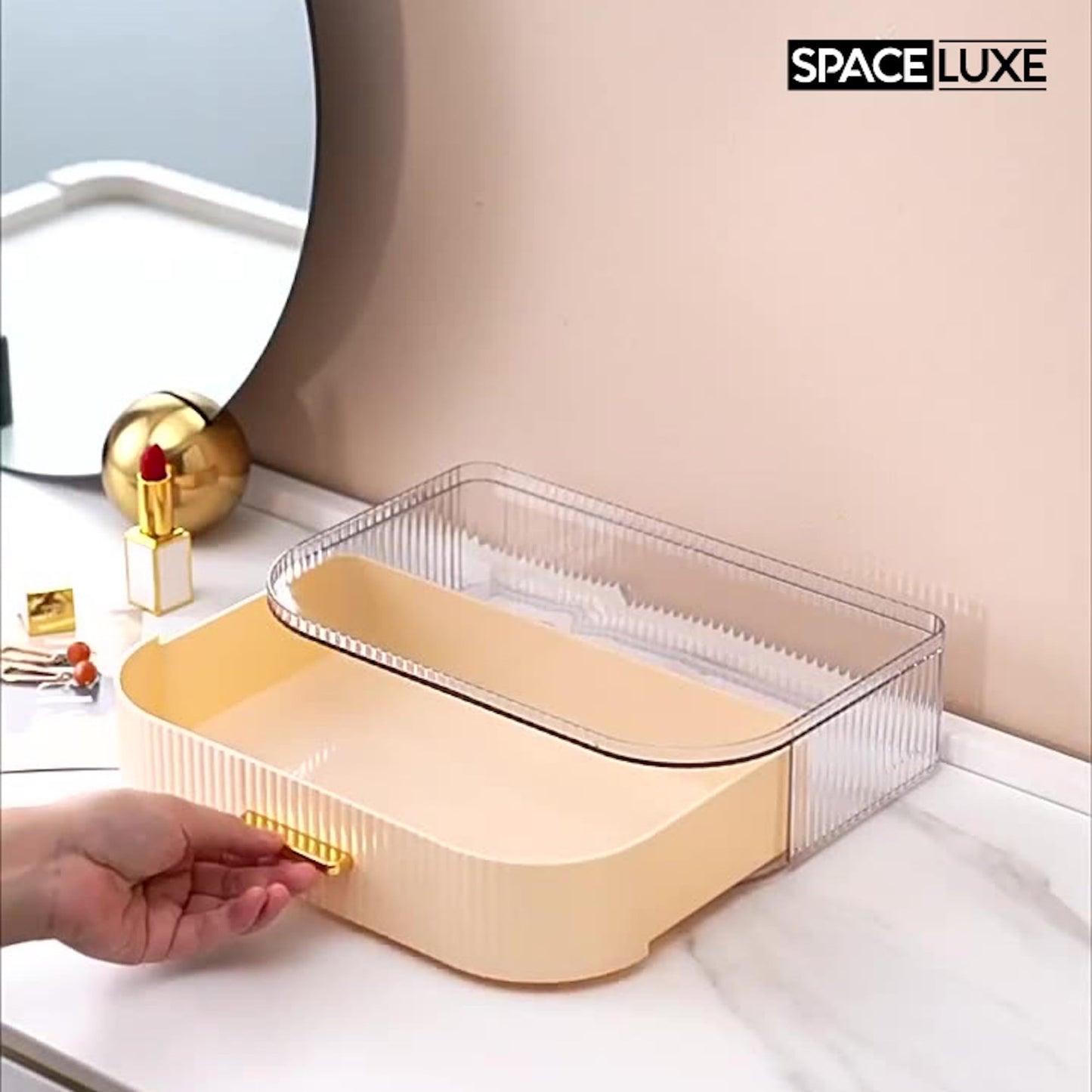 SpaceLuxe Makeup Organizer with Drawers and 360° Rotating Brush Holder, Large Capacity Cosmetic Storage for Vanity, Skincare, Perfume, Hair Accessories, Lipstick & Jewelry (Cream White, 3-layer)