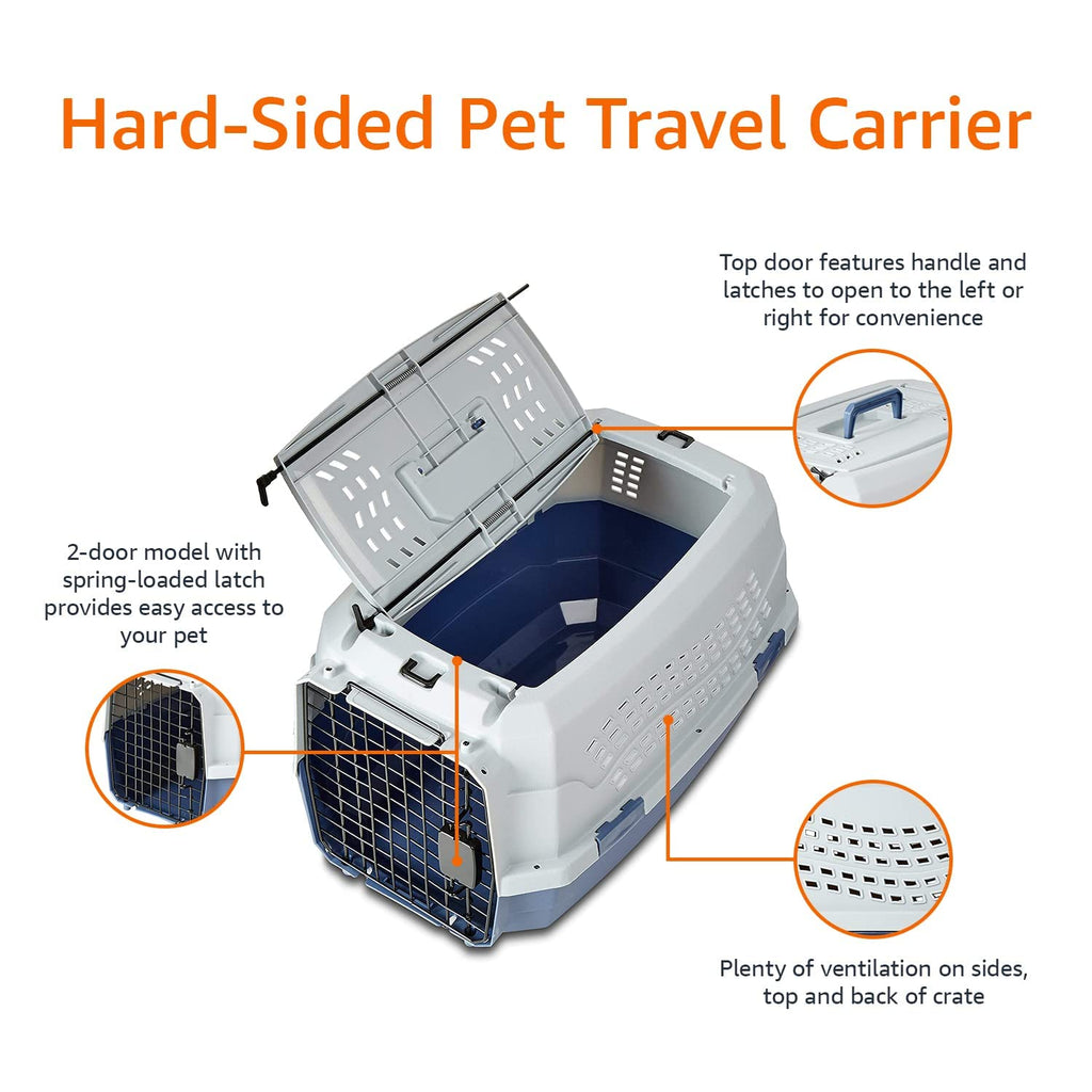 Amazon Basics 2-Door Top-Load Hard-Sided Dogs, Cats Pet Travel Carrier, Gray & Blue, 22.8"L x 15.0"W x 13.0"H