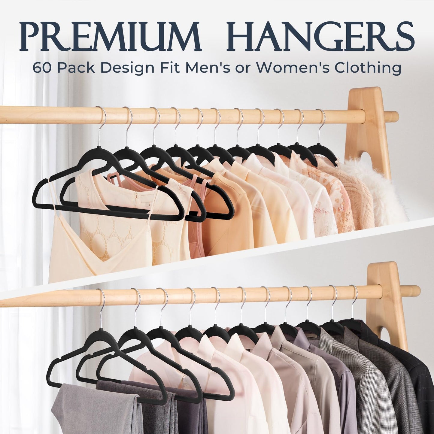 HOUSE DAY Black Velvet Hangers (60 Pack): Non-Slip, Heavy-Duty, Space-Saving Suit & Coat Hangers w/ 360° Rotating Silver Hook