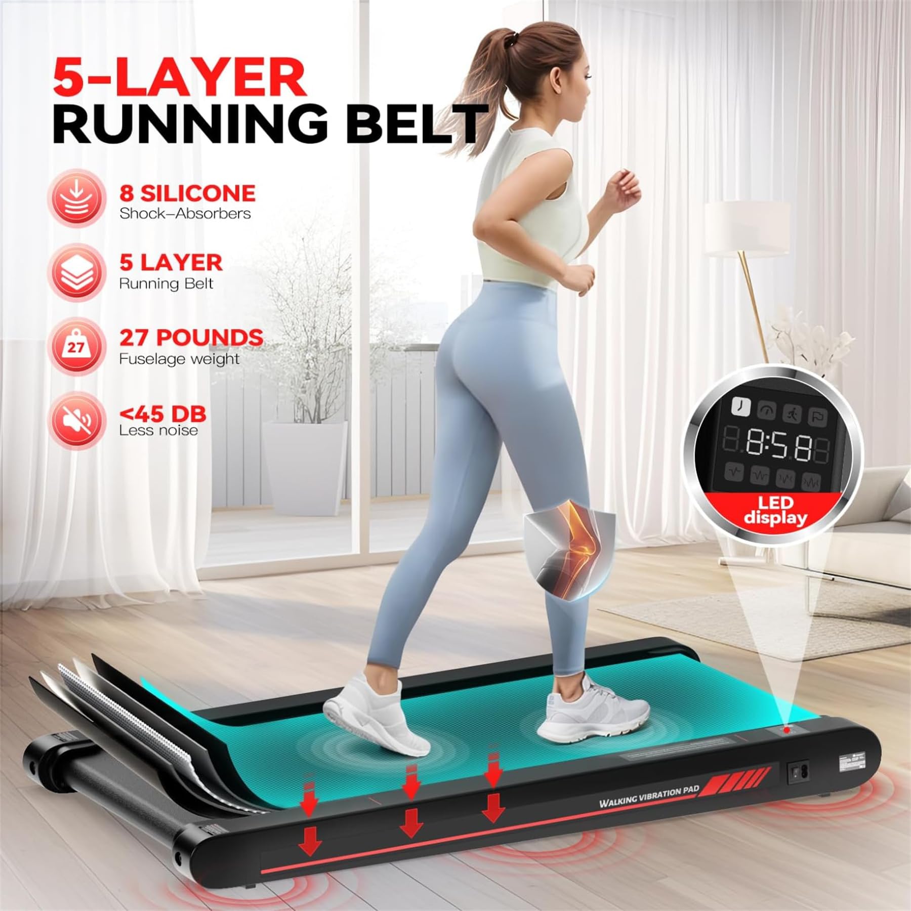 Walking Pad Treadmill with APP, 3 in 1 Under Desk Treadmills, 2.5HP Low Noise Walking Vibration Pad with Remote Control,Portable Treadmill for Home Office, Red