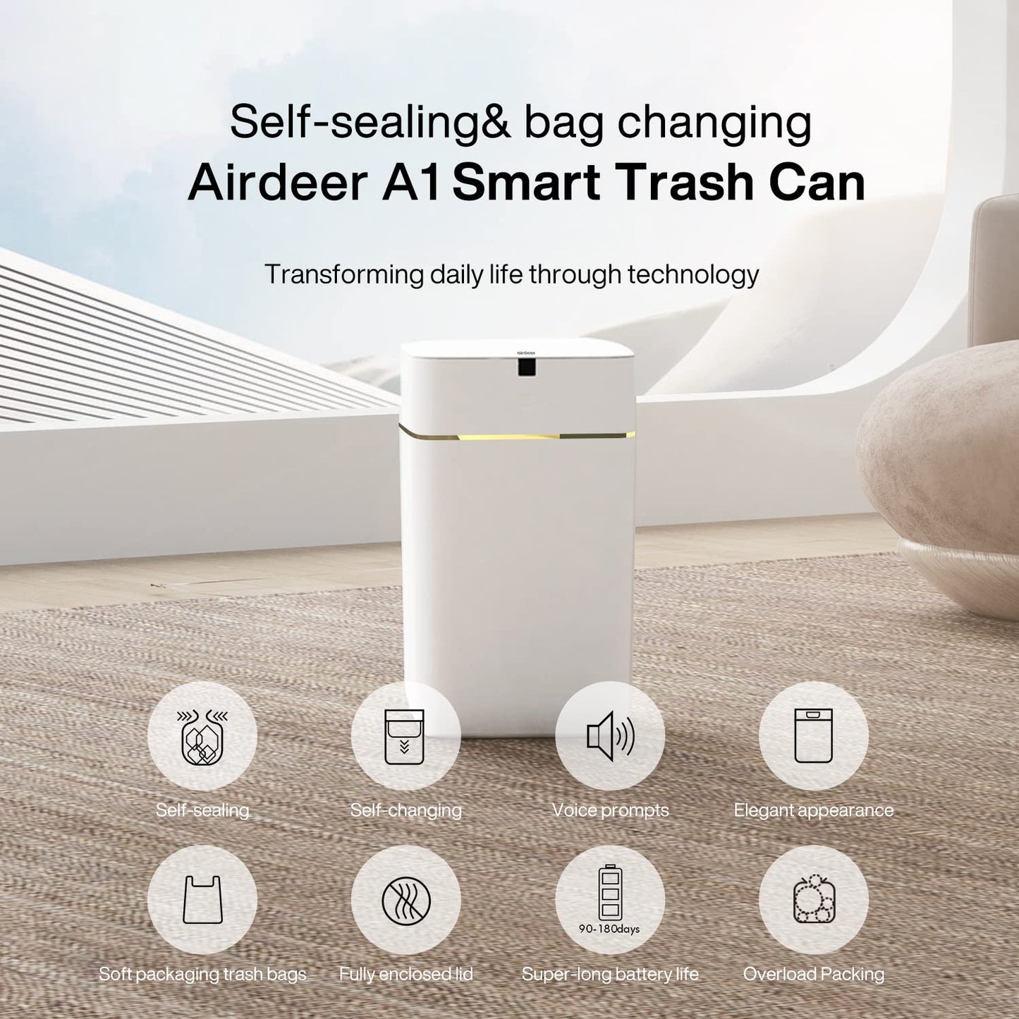 Airdeer 4 Gallon Self Sealing and Self-Changing Smart Trash Can