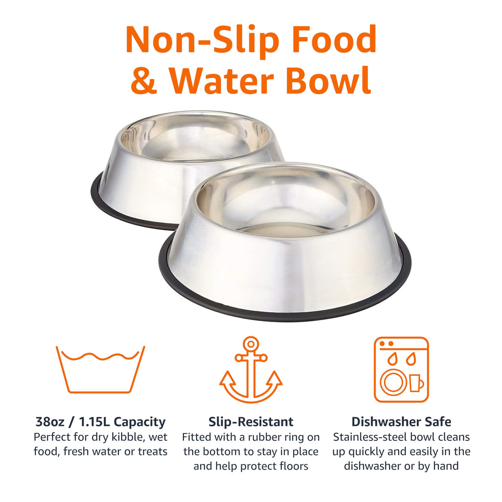 Amazon Basics Stainless Steel Non-Skid Pet Dog Water And Food Bowl, 2-Pack (10 x 2.8 Inches), Each Holds Up to 38oz