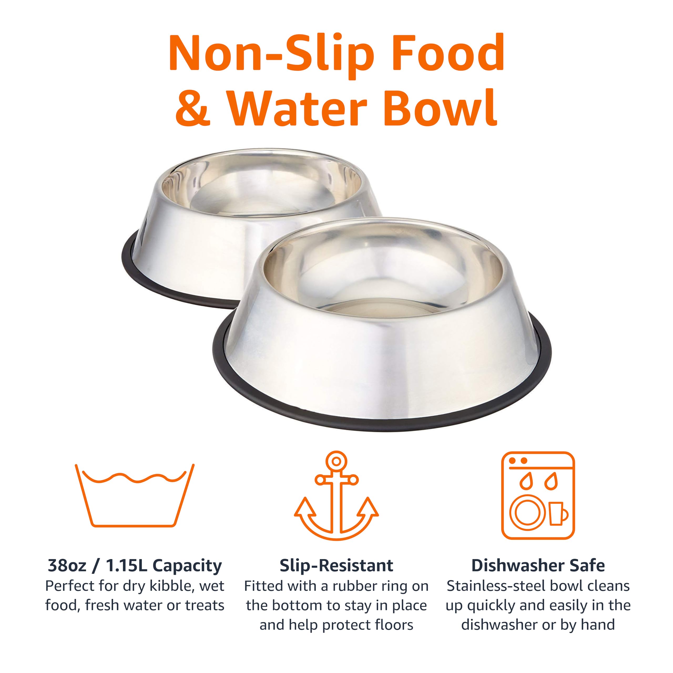 Amazon Basics Stainless Steel Non-Skid Pet Dog Water And Food Bowl, 2-Pack (10 x 2.8 Inches), Each Holds Up to 38oz