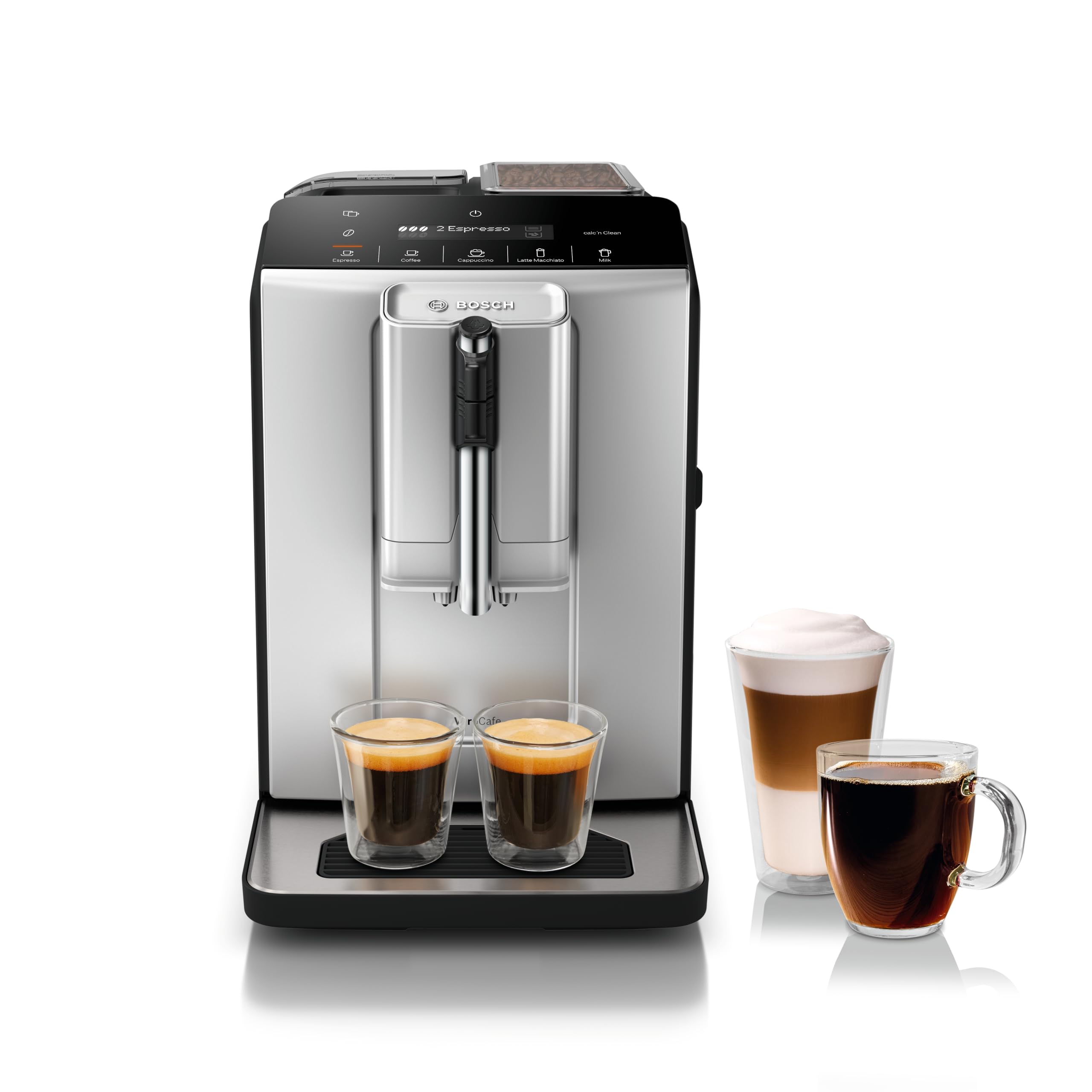 Bosch 300 Series Fully Automatic Espresso and Coffee Machine – In-Cup Frother, OneTouch Milk Drinks, 5 Drink Options, Ceramic Grinder, Easy Clean & Descale, in Silver TIU20307