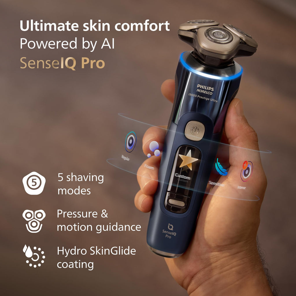 Philips Norelco Shaver i9000 Prestige Ultra, Wet & Dry Electric Shaver, Adriatic, SenseIQ Pro Technology, Triple Lift & Cut System, 360 Rotating NanoTech Precision Blades, Precision Trimmer, XP9401/92