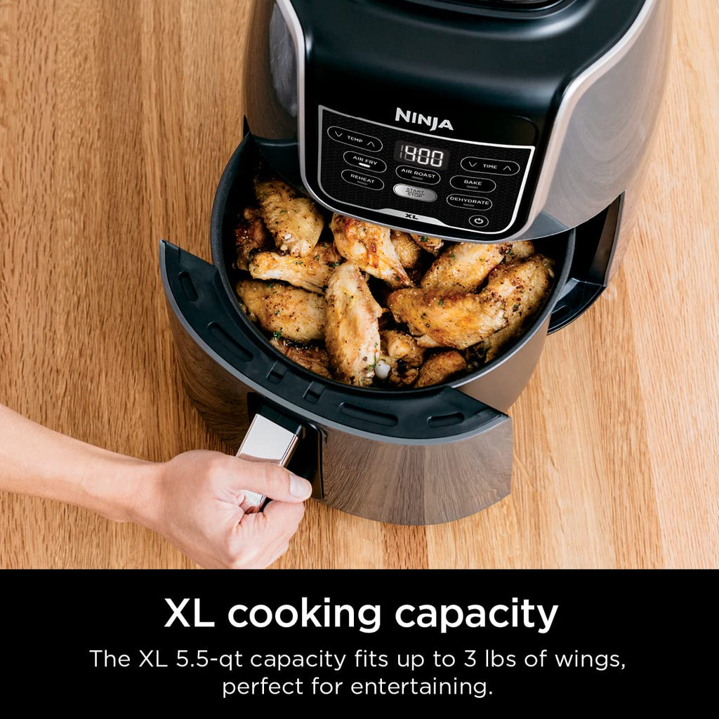 Ninja | XL Single Basket Air Fryer | 5.5 QT Capacity fits 3lbs of Wings | 5-in-1Air Fry, Roast, Bake,Reheat & Dehydrate |Dishwasher Safe Parts & Recipe Guide | Grey |AF150AMZ