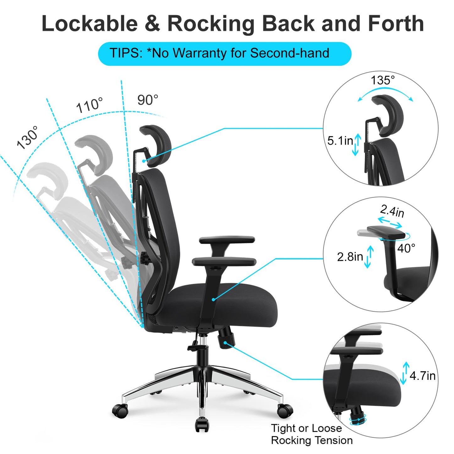 Ticova Ergonomic Office Chair: High Back Mesh Desk Chair w/ 3D Armrest, Adjustable Lumbar, 130° Recline & Rotatable Headrest