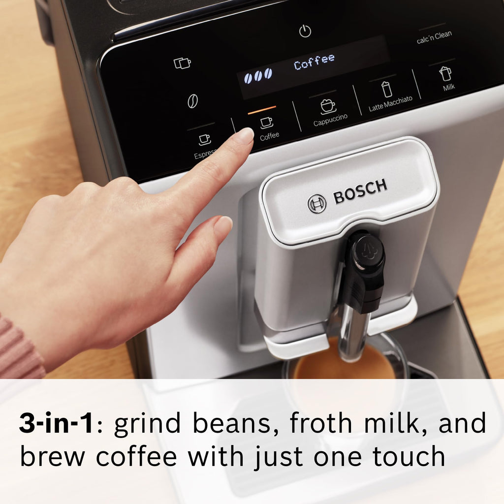 Bosch 300 Series Fully Automatic Espresso and Coffee Machine – In-Cup Frother, OneTouch Milk Drinks, 5 Drink Options, Ceramic Grinder, Easy Clean & Descale, in Silver TIU20307