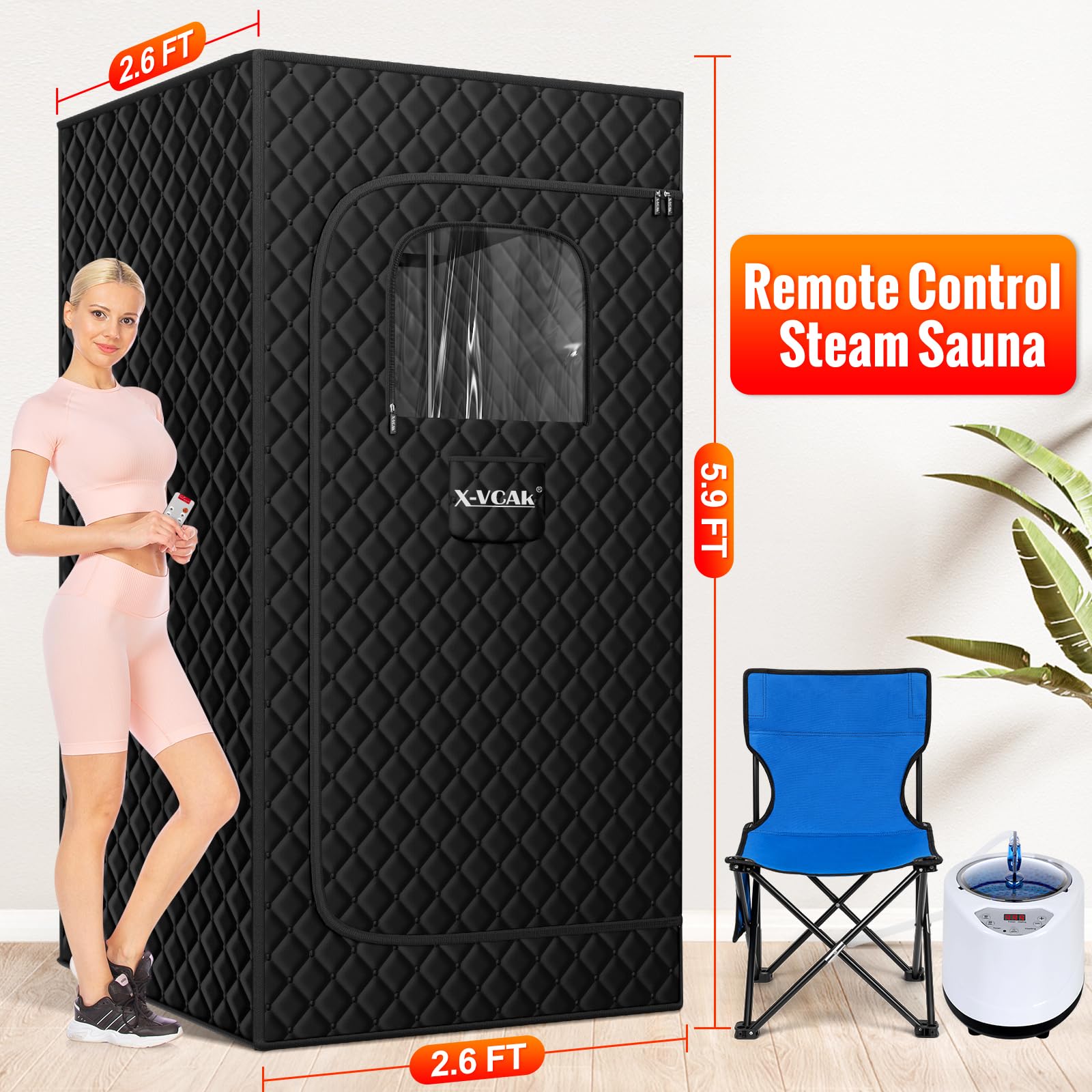 X-Vcak Upgraded Sauna Box for Relaxation, Detoxification, Portable Sauna for Home with Steamer, Remote Control, Folding Chair, 9 Levels, 2.6’ x 2.6’ x 5.9’