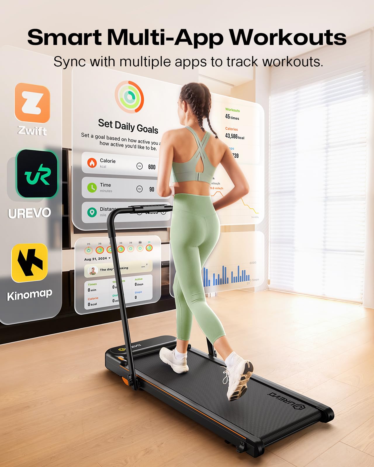 UREVO Strol 2E Folding 2-in-1 Treadmill & Walking Pad w/ App & Safety Handle for Home Office