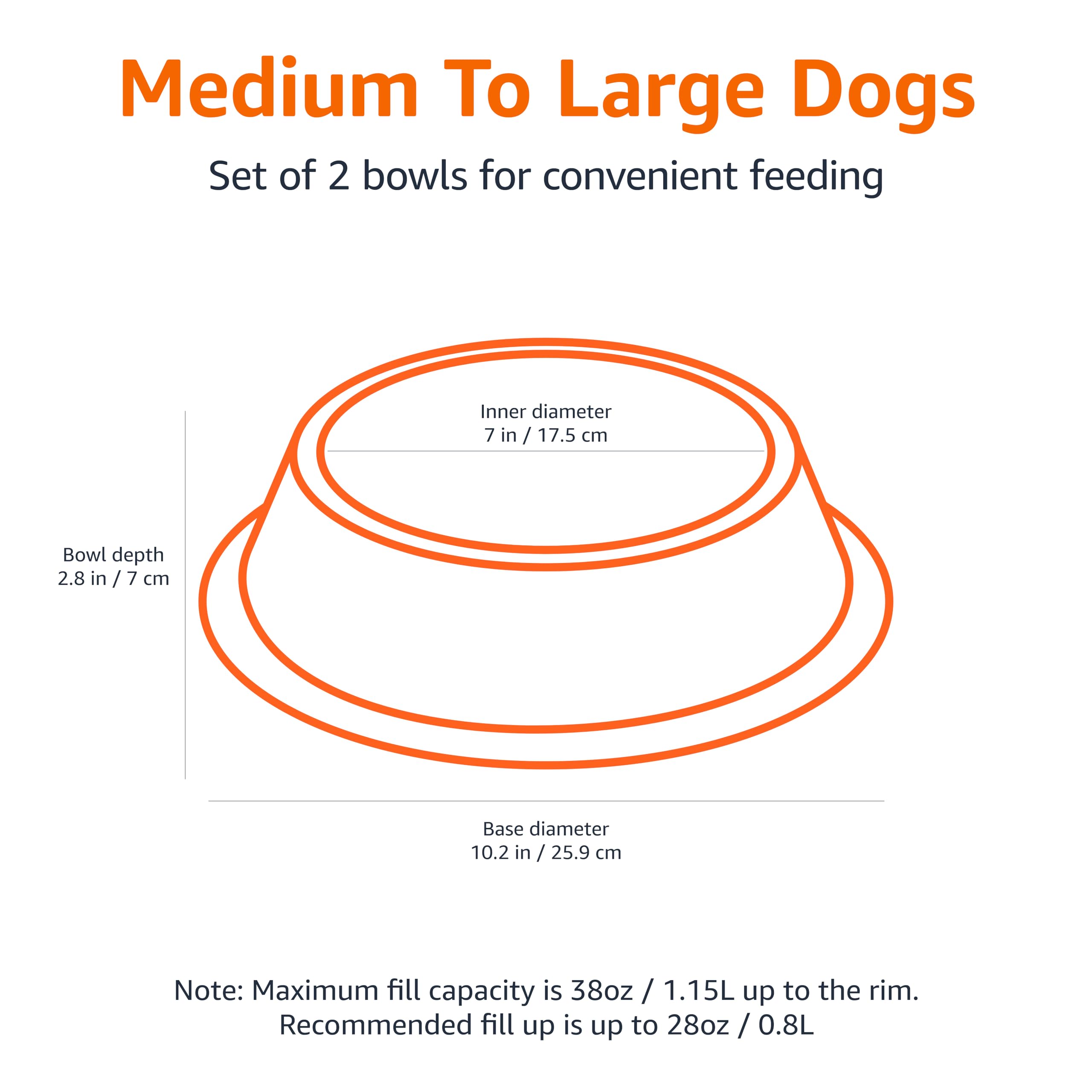 Amazon Basics Stainless Steel Non-Skid Pet Dog Water And Food Bowl, 2-Pack (10 x 2.8 Inches), Each Holds Up to 38oz