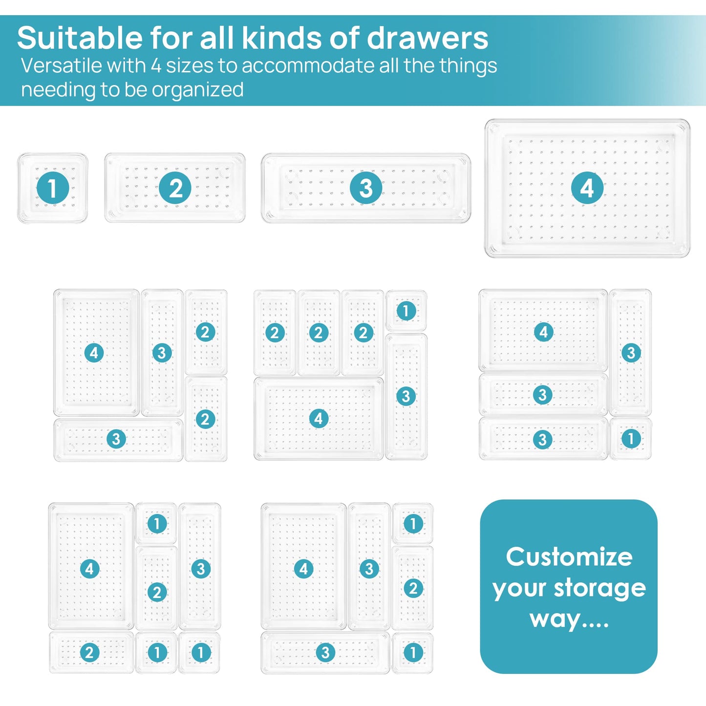 Vtopmart 25 PCS Clear Plastic Drawer Organizer Set (4-Size) – Versatile Trays for Vanity, Makeup, Office & Kitchen Gadgets