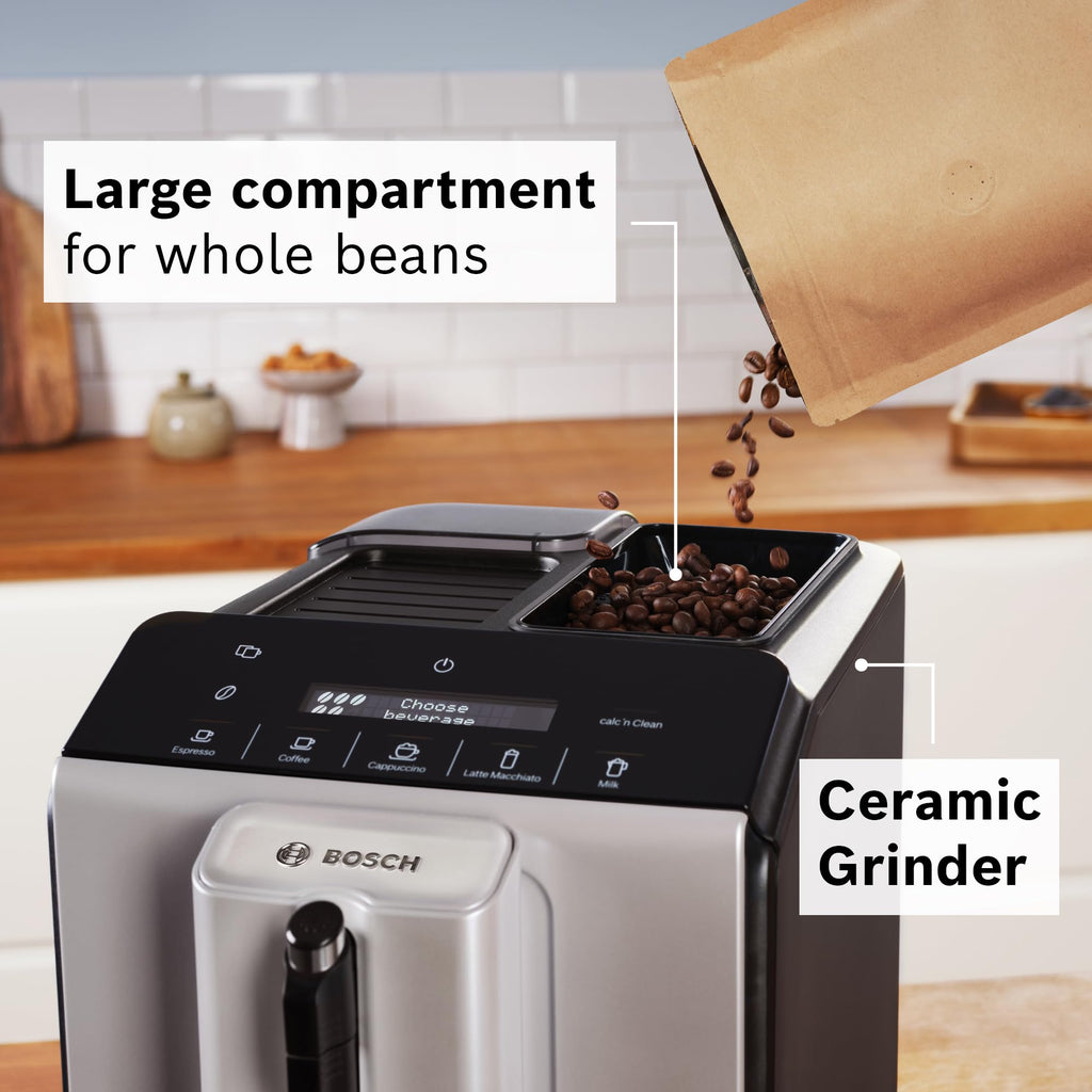 Bosch 300 Series Fully Automatic Espresso and Coffee Machine – In-Cup Frother, OneTouch Milk Drinks, 5 Drink Options, Ceramic Grinder, Easy Clean & Descale, in Silver TIU20307