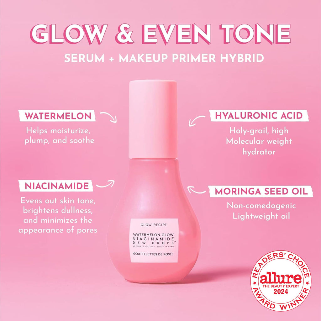 Glow Recipe Watermelon Niacinamide Dew Drops - Brightening, Plumping Hydrating Face Serum, Makeup Primer + Liquid Highlighter with Hyaluronic Acid - Dewy & Glowing Korean Skin Care (40ml)