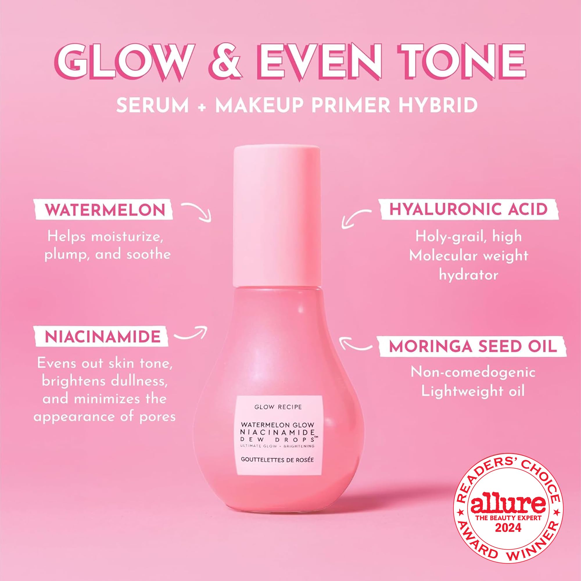 Glow Recipe Watermelon Niacinamide Dew Drops - Brightening, Plumping Hydrating Face Serum, Makeup Primer + Liquid Highlighter with Hyaluronic Acid - Dewy & Glowing Korean Skin Care (40ml)