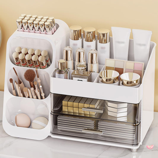 Anylady Makeup Organizer with Drawers, Skincare Organizer (Large Size Thick), Storage Box Cosmetic Display Cases, Make up Organizers for Vanity, Dresser, Desk, Kitchen, Countertop (White)