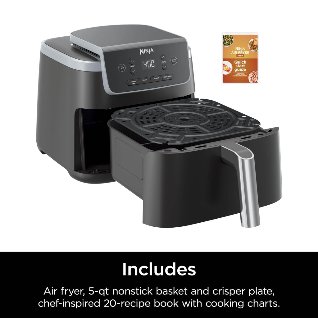 Ninja | Air Fryer | 4-in-1 Pro Air Fry, Roast, Reheat, Dehydrate | 5QT Capacity fits up to 4lbs of French Fries | 400F Max Temp | Nonstick Basket & Crisper Plate | 120V | Grey | AF141