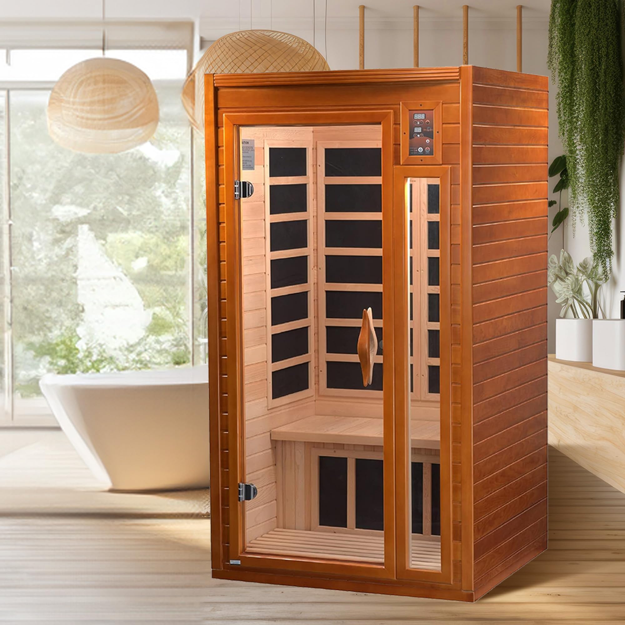 DYNAMIC SAUNAS Barcelona 1- to 2-Person Low EMF FAR Infrared Sauna with Red Light Therapy & Bluetooth Speakers | Personal Indoor Dry Heat Sauna for Home & Gym – Made from Canadian Hemlock