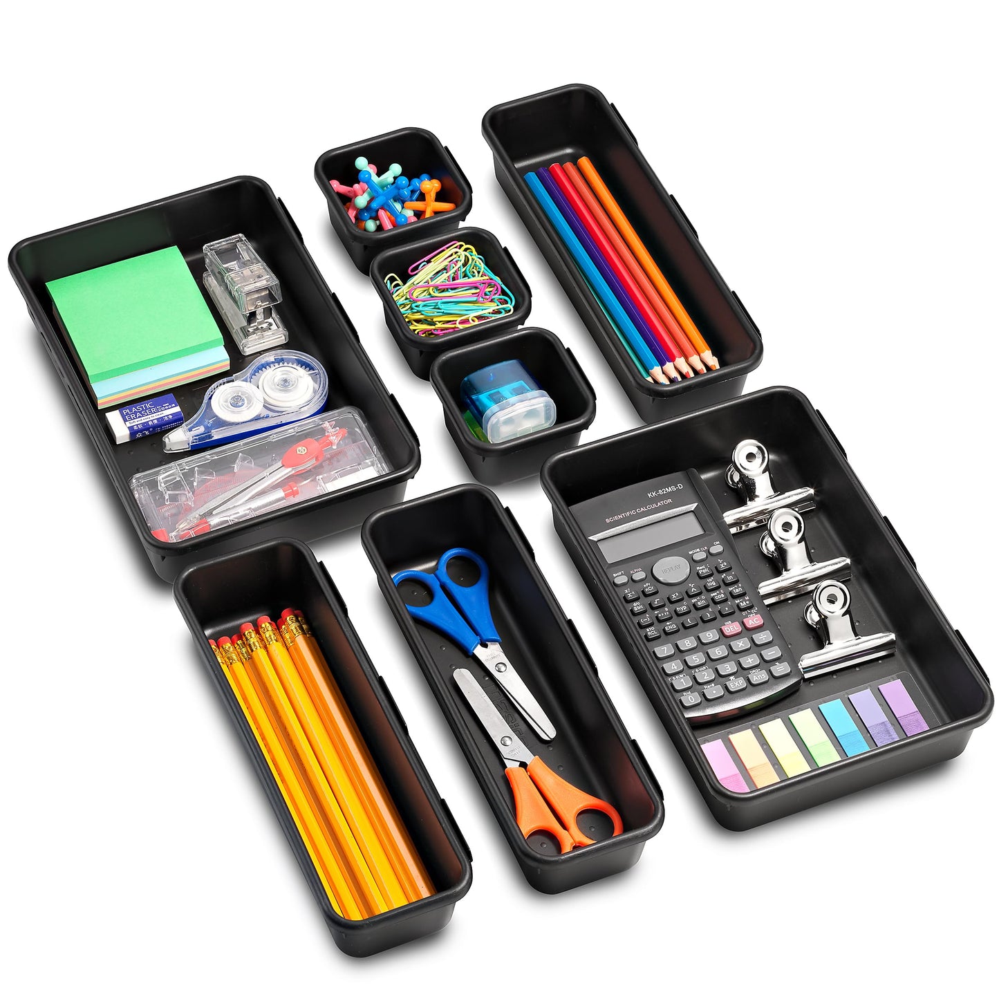 Masirs Interlocking Drawer Organizer Bins (8-Piece Set, Black) – Durable Plastic Trays for Custom Desk, Vanity & Tool Box Organization