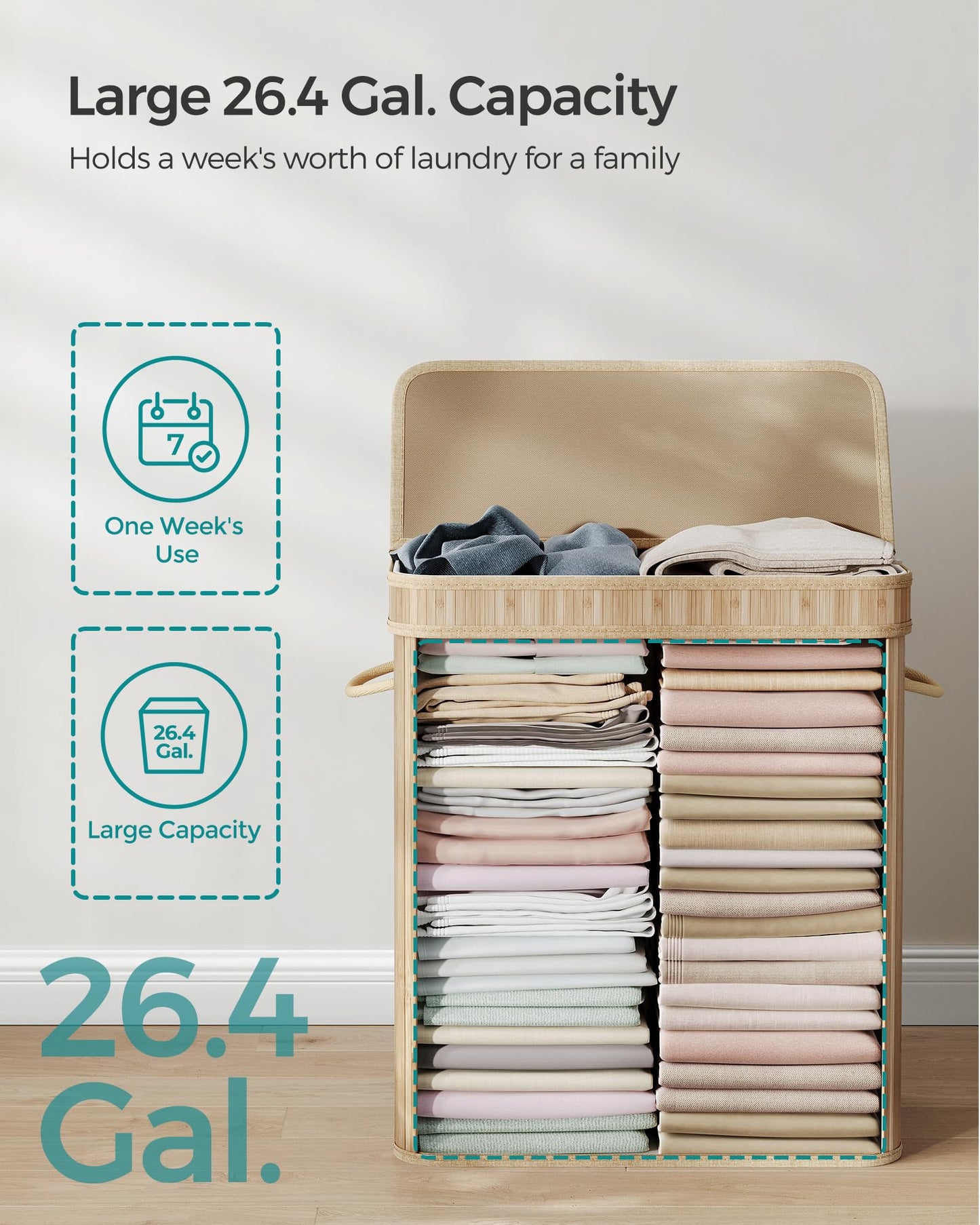 Laundry Hamper with Lid, Bamboo Laundry Basket