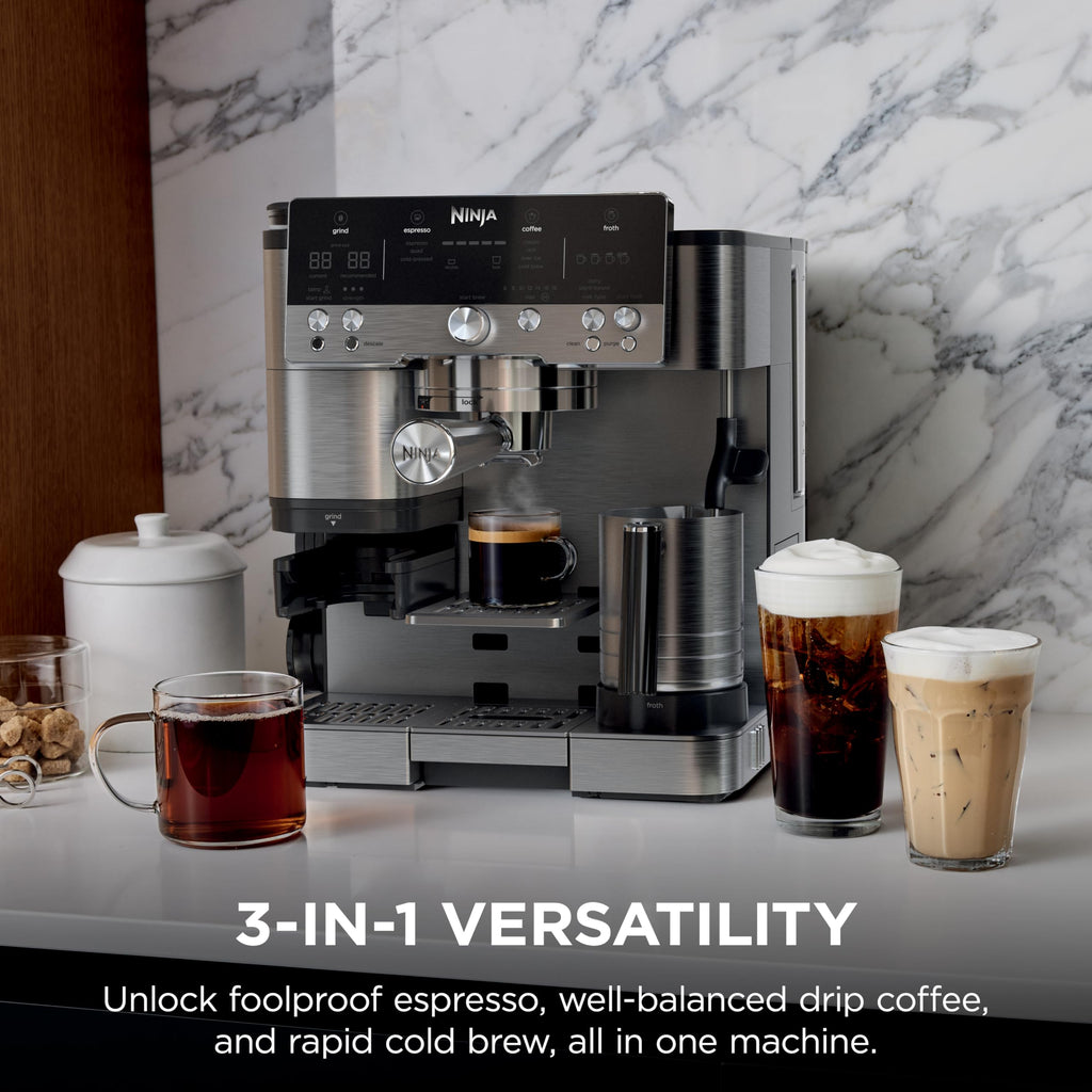 Ninja Luxe Café 3-in-1 Espresso, Drip Coffee and Cold Brew Machine | Intergrated Coffee Grinder, Milk Frother, Assisted Tamper & Built-In Espresso Accessory Storage | Stainless Steel | ES601