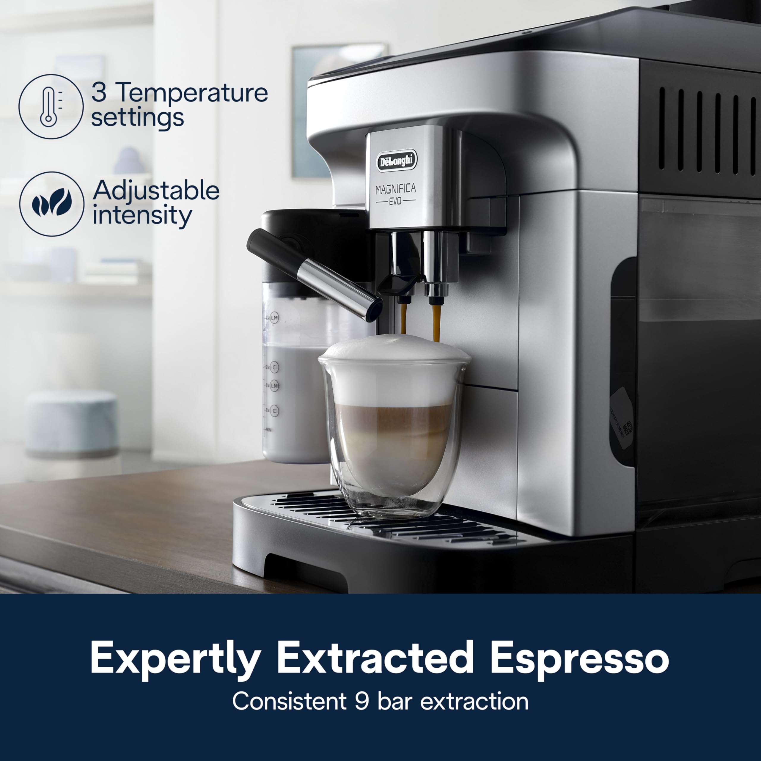 De'Longhi Magnifica Evo Automatic Espresso & Coffee Machine with Auto Milk Frother, Built-in Grinder & Auto-Clean Function - For Latte, Cappuccino, Americano, Iced Coffee, ECAM29084SB , Silver