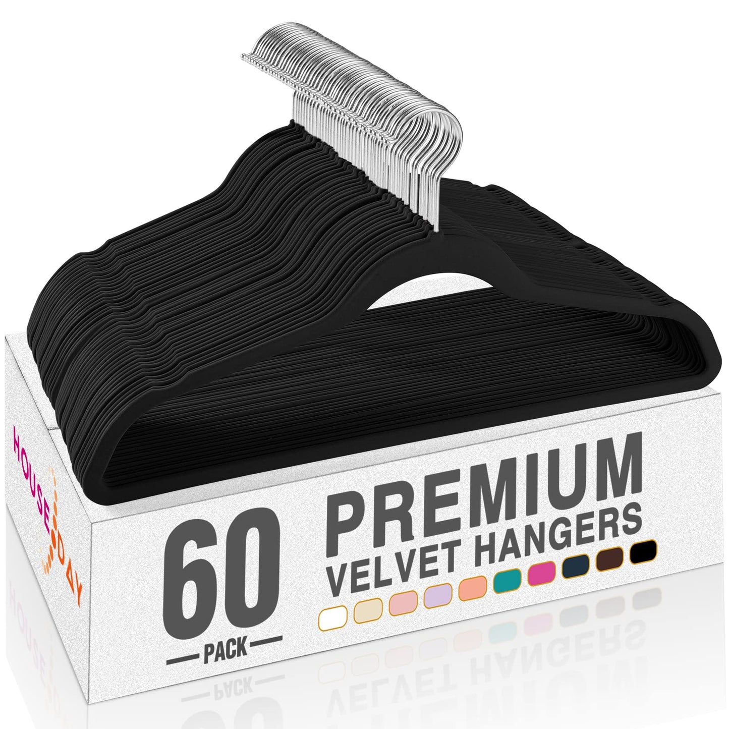 HOUSE DAY Black Velvet Hangers (60 Pack): Non-Slip, Heavy-Duty, Space-Saving Suit & Coat Hangers w/ 360° Rotating Silver Hook