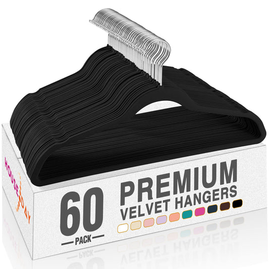 HOUSE DAY Black Velvet Hangers (60 Pack): Non-Slip, Heavy-Duty, Space-Saving Suit & Coat Hangers w/ 360° Rotating Silver Hook