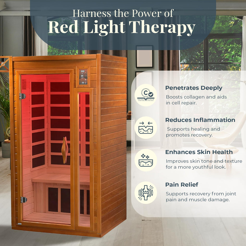 DYNAMIC SAUNAS Barcelona 1- to 2-Person Low EMF FAR Infrared Sauna with Red Light Therapy & Bluetooth Speakers | Personal Indoor Dry Heat Sauna for Home & Gym – Made from Canadian Hemlock