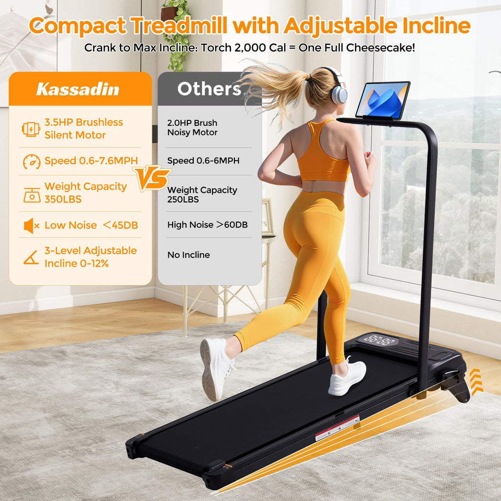 Folding Foldable Walking Pad Treadmill with Handle Bar and Adjustable Incline, 3.5HP Portable Electric Treadmills with Handles for Home Small, Home Treadmills with Incline, 0.6-7.6MPH, 350LBS