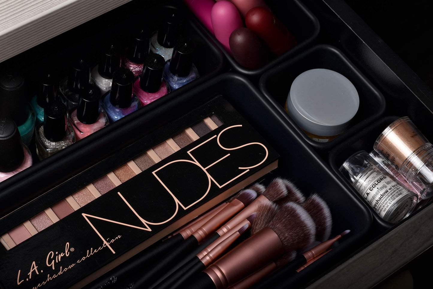 Masirs Interlocking Drawer Organizer Bins (8-Piece Set, Black) – Durable Plastic Trays for Custom Desk, Vanity & Tool Box Organization