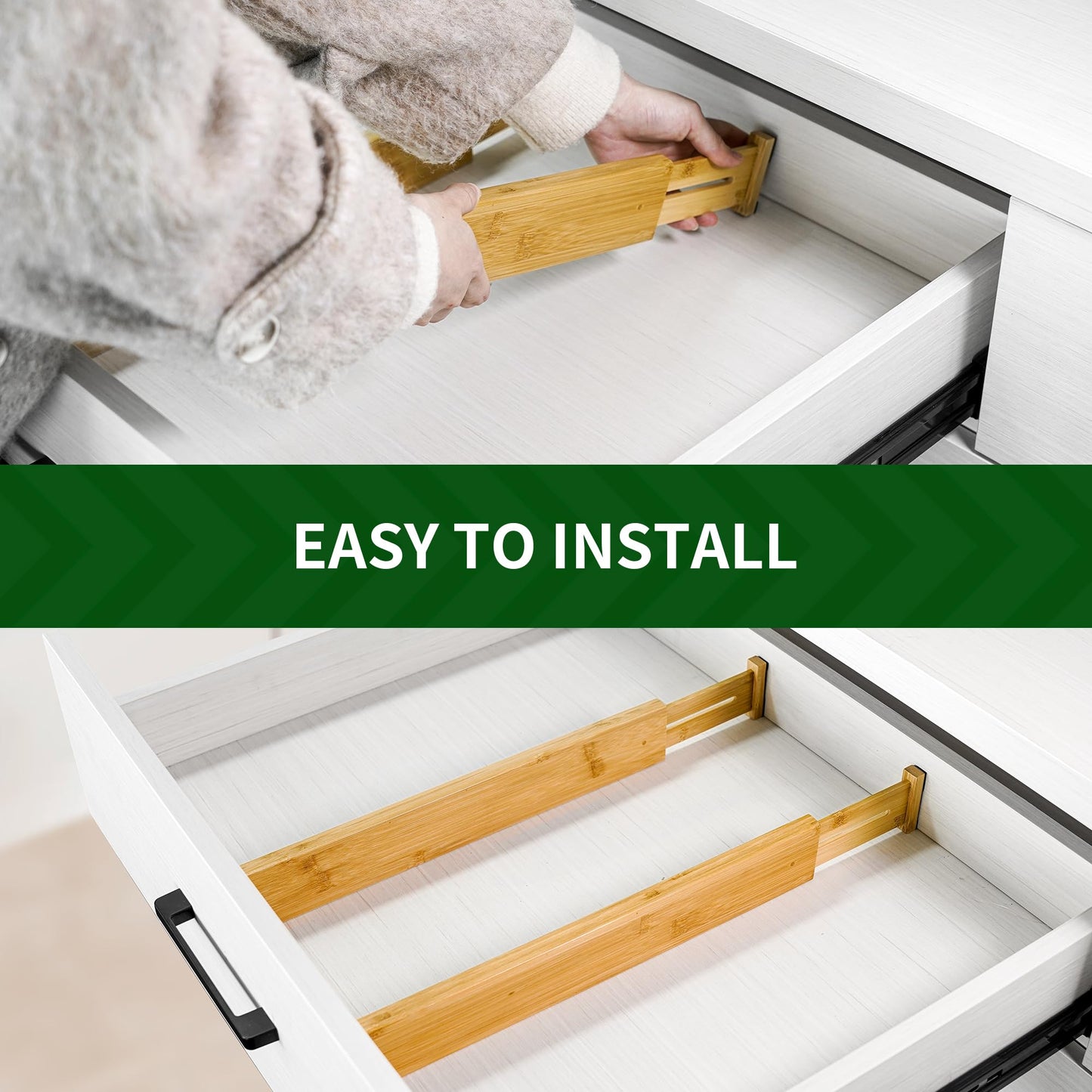 VaeFae Adjustable Bamboo Drawer Dividers, Expandable Drawer Organizer for Kitchen, Bedroom, Bathroom, Dresser and Office, 6-Pack